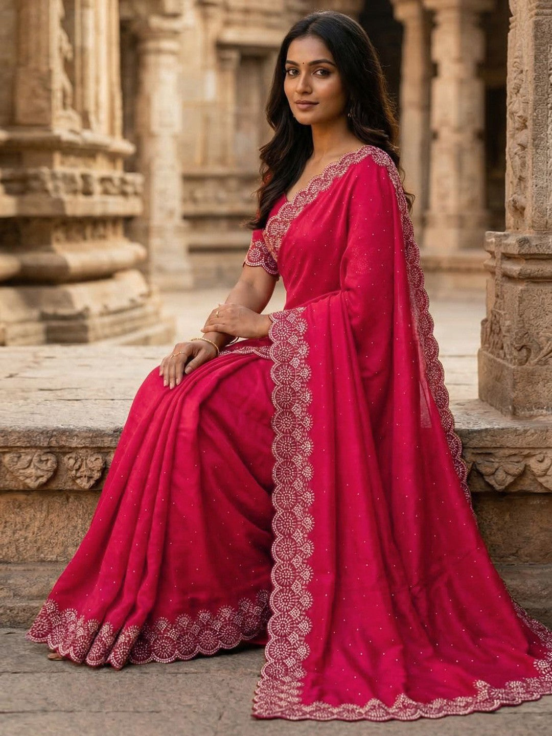 Graceful Rani Pink Silk Blend Saree Accented With Swarovski Stone Work & Delicate Lace Border