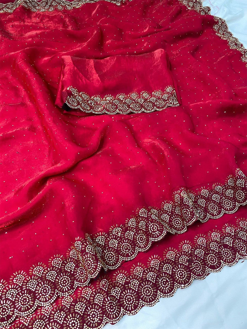 Graceful Rani Pink Silk Blend Saree Accented With Swarovski Stone Work & Delicate Lace Border