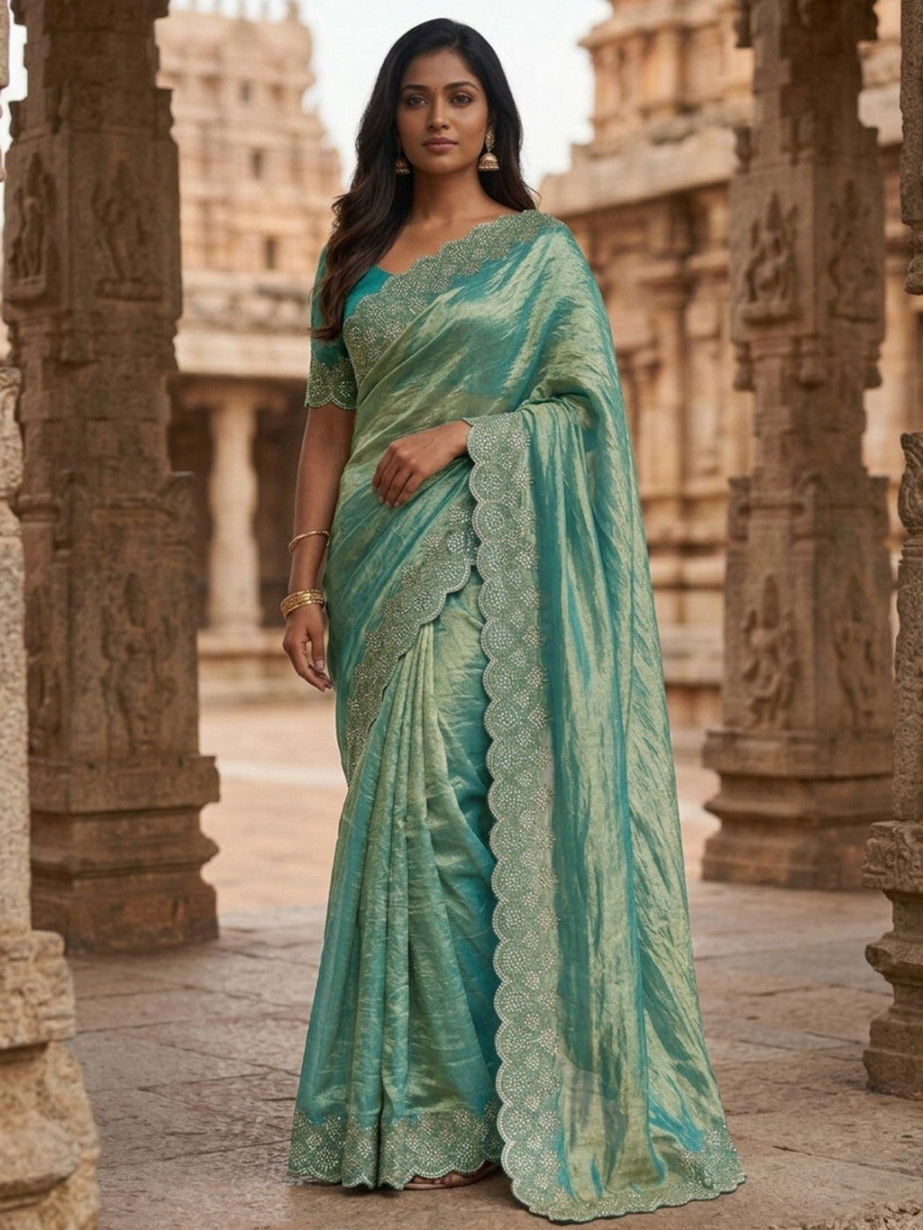 Graceful Turquoise Silk Blend Saree Accented With Swarovski Stone Work & Delicate Lace Border