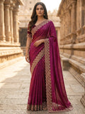Graceful Wine Silk Blend Saree Accented With Swarovski Stone Work & Delicate Lace Border