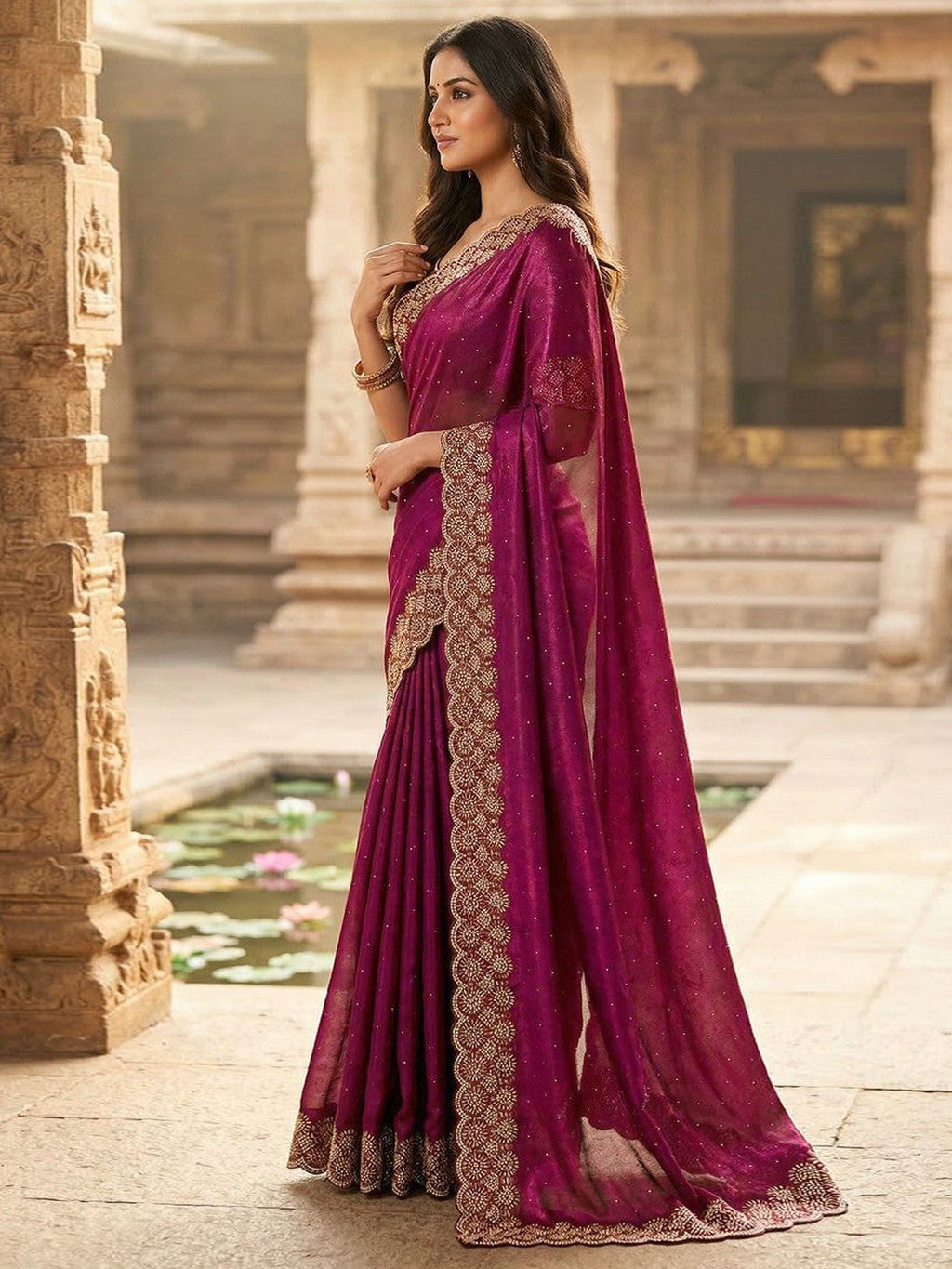 Graceful Wine Silk Blend Saree Accented With Swarovski Stone Work & Delicate Lace Border