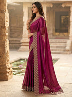Graceful Wine Silk Blend Saree Accented With Swarovski Stone Work & Delicate Lace Border