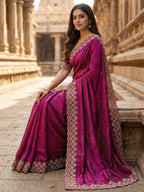 Graceful Wine Silk Blend Saree Accented With Swarovski Stone Work & Delicate Lace Border