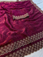 Graceful Wine Silk Blend Saree Accented With Swarovski Stone Work & Delicate Lace Border