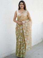 Premium Beige Silk Blend Saree Embellished With Floral & Animal Motif Thread Work