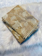 Premium Beige Silk Blend Saree Embellished With Floral & Animal Motif Thread Work