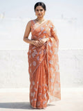 Premium Peach Silk Blend Saree Embellished With Floral & Animal Motif Thread Work