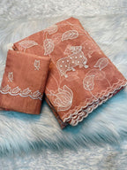 Premium Peach Silk Blend Saree Embellished With Floral & Animal Motif Thread Work