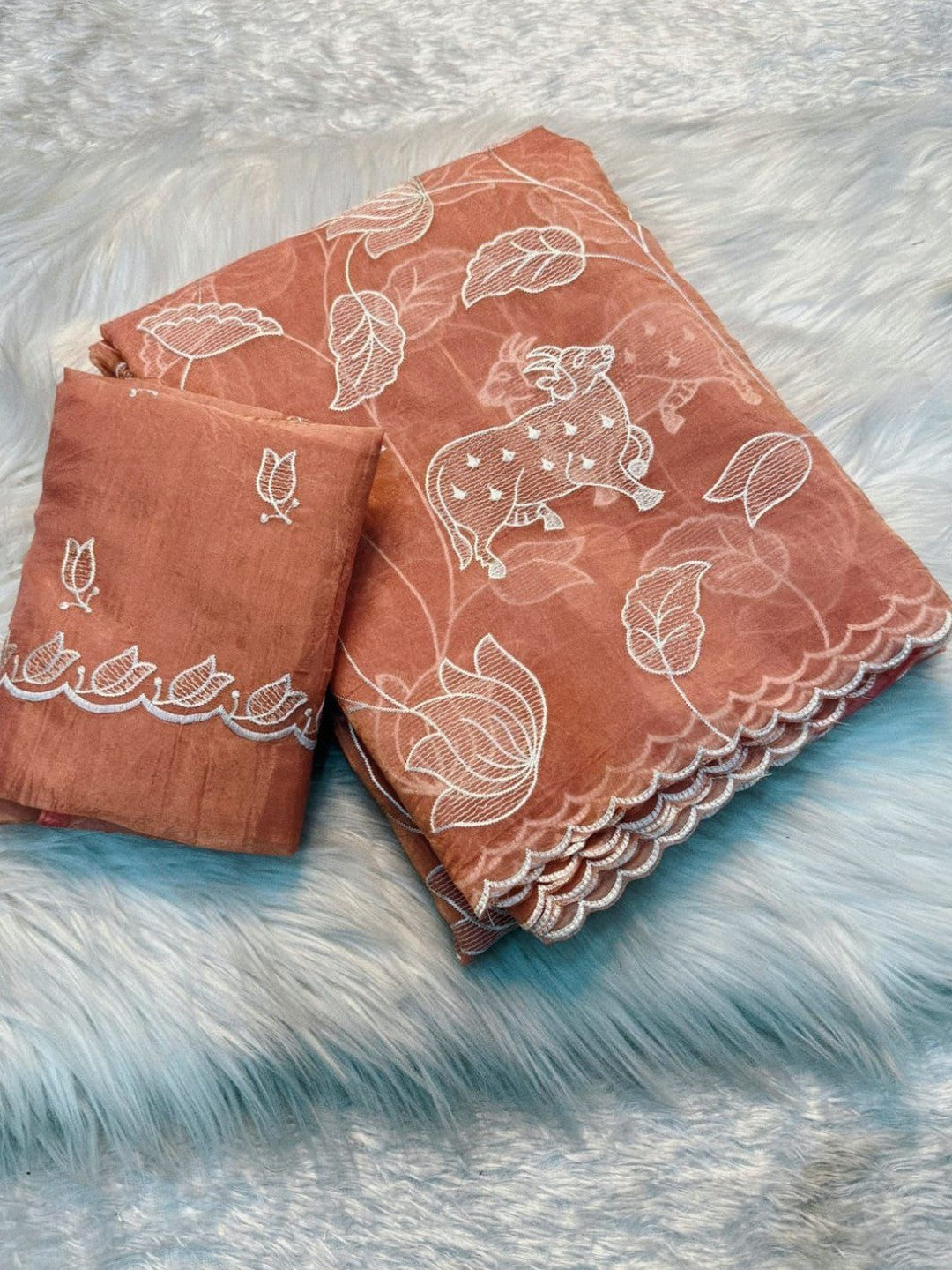 Premium Peach Silk Blend Saree Embellished With Floral & Animal Motif Thread Work