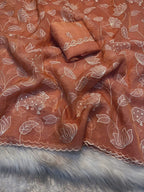 Premium Peach Silk Blend Saree Embellished With Floral & Animal Motif Thread Work