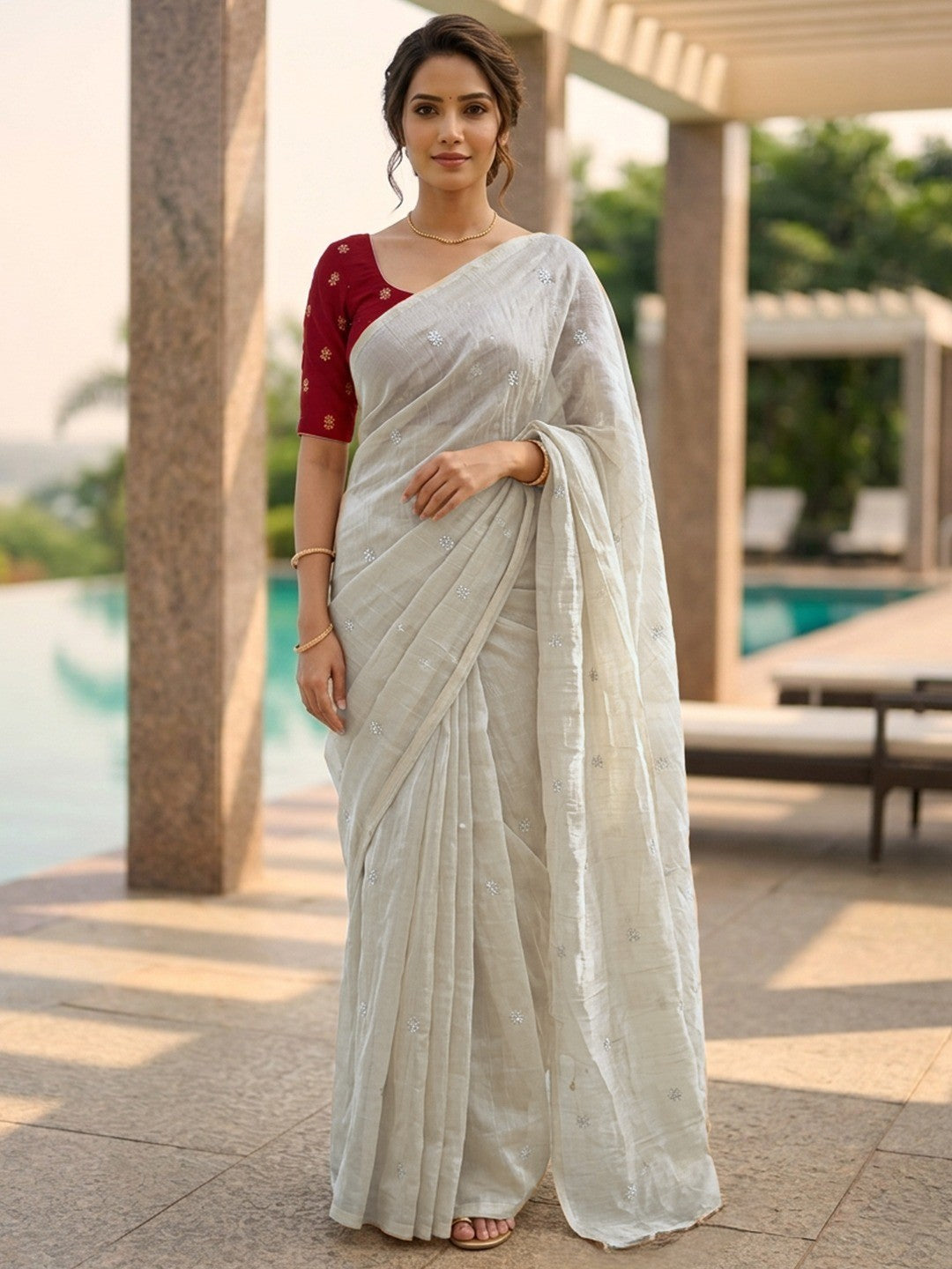 Elegant Cream Organza Satin Silk Saree Featuring Floral Butti Sequins Embroidery & Tassel Pallu