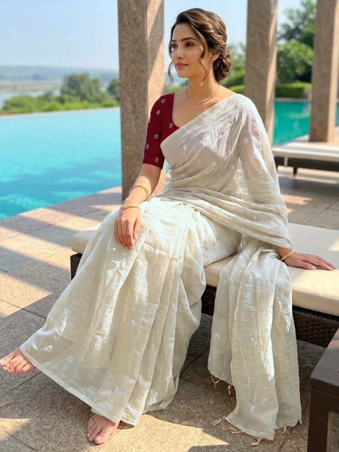 Elegant Cream Organza Satin Silk Saree Featuring Floral Butti Sequins Embroidery & Tassel Pallu