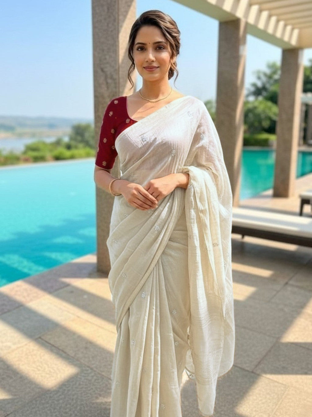 Elegant Cream Organza Satin Silk Saree Featuring Floral Butti Sequins Embroidery & Tassel Pallu