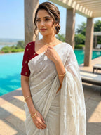 Elegant Cream Organza Satin Silk Saree Featuring Floral Butti Sequins Embroidery & Tassel Pallu