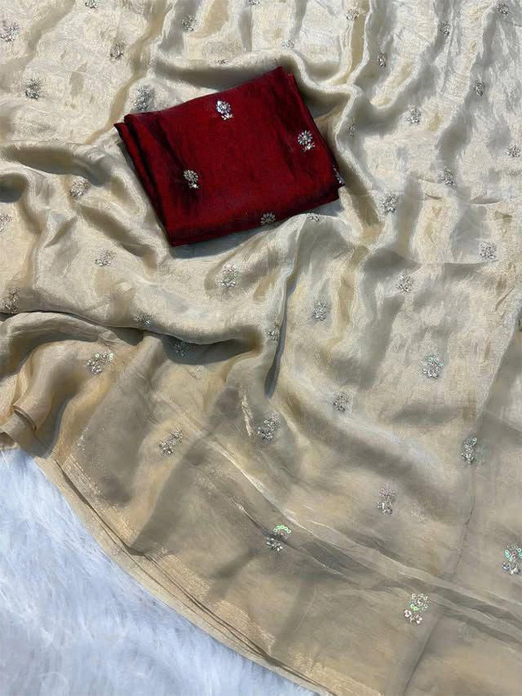 Elegant Cream Organza Satin Silk Saree Featuring Floral Butti Sequins Embroidery & Tassel Pallu