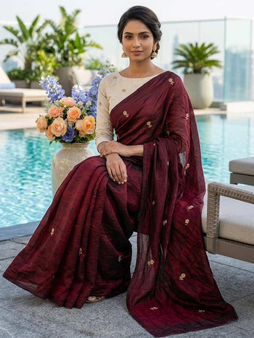 Elegant Maroon Organza Satin Silk Saree Featuring Floral Butti Sequins Embroidery & Tassel Pallu