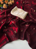 Elegant Maroon Organza Satin Silk Saree Featuring Floral Butti Sequins Embroidery & Tassel Pallu