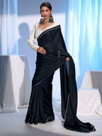 Classic Black Solid Satin Silk Saree With Embroidered Lace Border Finish