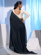 Classic Black Solid Satin Silk Saree With Embroidered Lace Border Finish