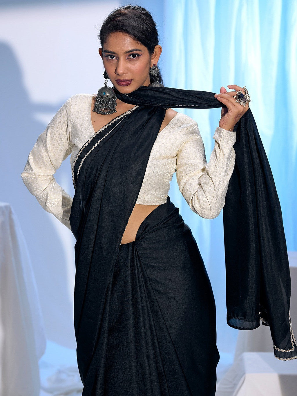 Classic Black Solid Satin Silk Saree With Embroidered Lace Border Finish