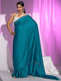 Classic Teal Solid Satin Silk Saree With Embroidered Lace Border Finish