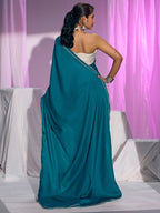 Classic Teal Solid Satin Silk Saree With Embroidered Lace Border Finish