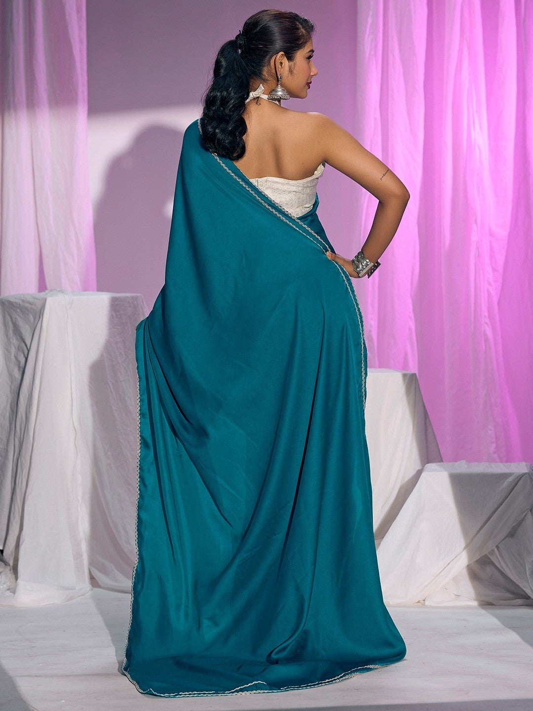 Classic Teal Solid Satin Silk Saree With Embroidered Lace Border Finish