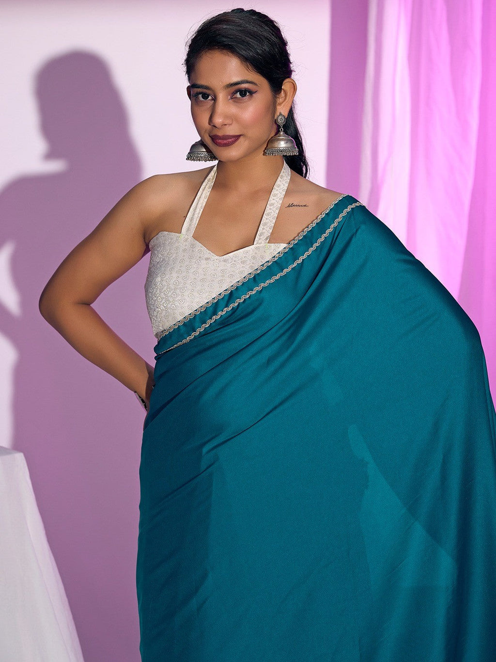 Classic Teal Solid Satin Silk Saree With Embroidered Lace Border Finish