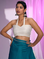 Classic Teal Solid Satin Silk Saree With Embroidered Lace Border Finish