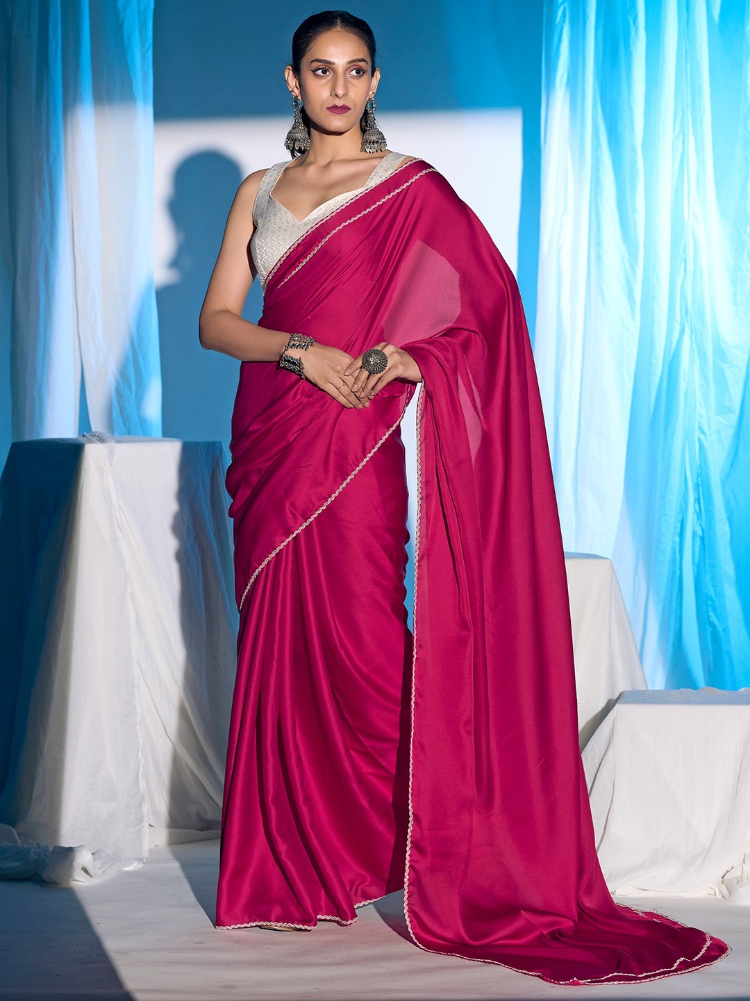 Classic Pink Solid Satin Silk Saree With Embroidered Lace Border Finish