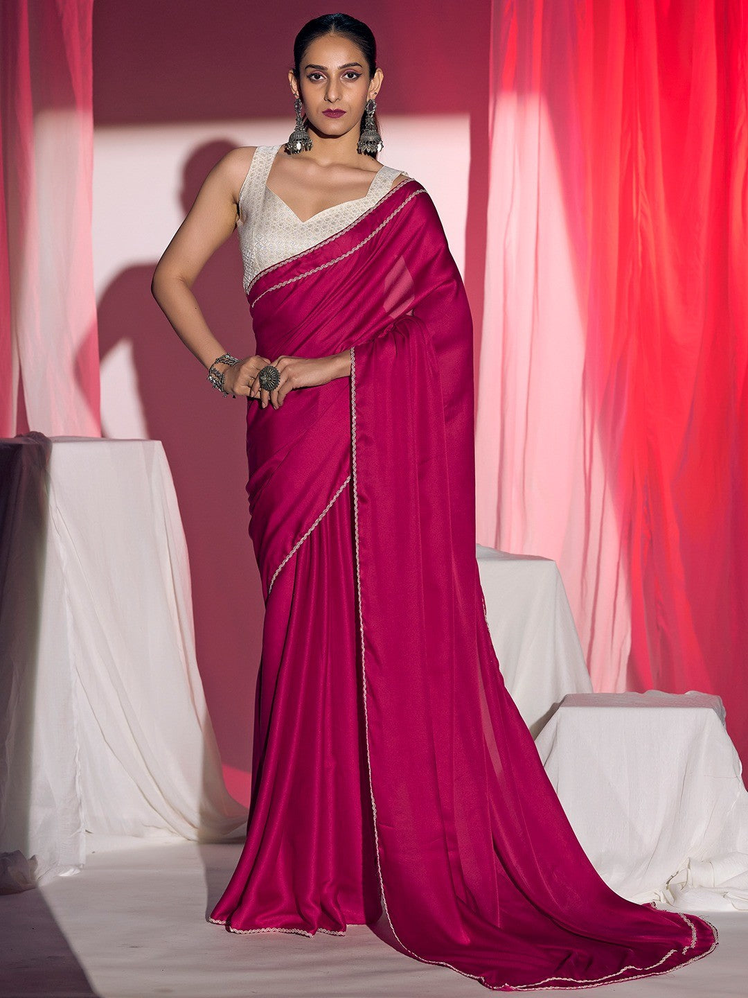 Classic Pink Solid Satin Silk Saree With Embroidered Lace Border Finish