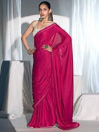 Classic Pink Solid Satin Silk Saree With Embroidered Lace Border Finish