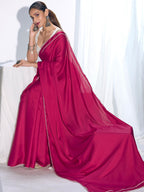 Classic Pink Solid Satin Silk Saree With Embroidered Lace Border Finish