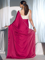 Classic Pink Solid Satin Silk Saree With Embroidered Lace Border Finish