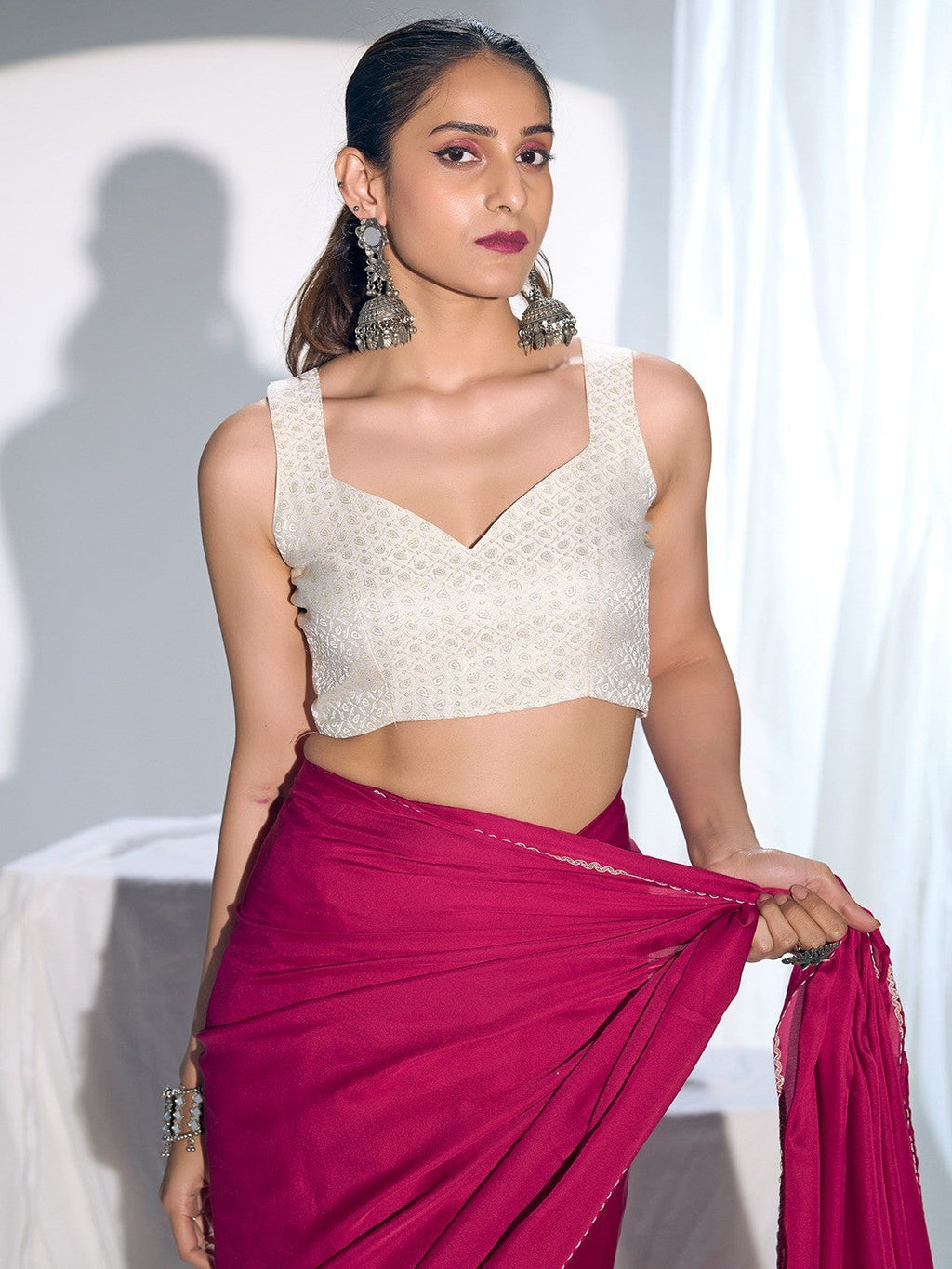 Classic Pink Solid Satin Silk Saree With Embroidered Lace Border Finish