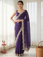 Elegant Purple Organza Satin Silk Saree With Fine Floral Zari & Thread Embroidered Border Work