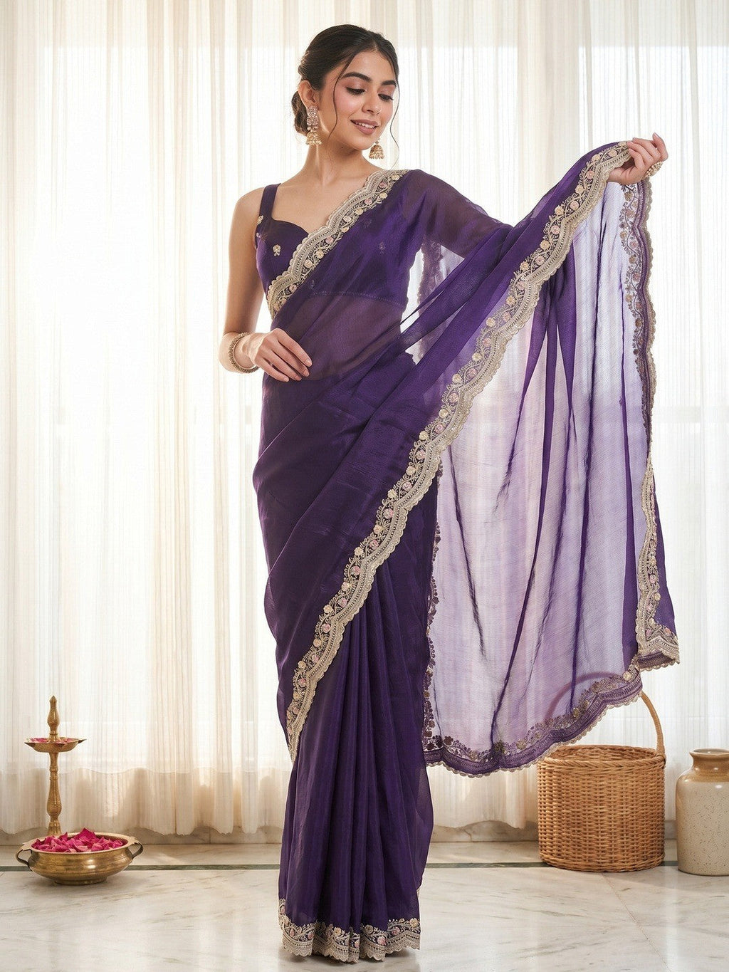 Elegant Purple Organza Satin Silk Saree With Fine Floral Zari & Thread Embroidered Border Work