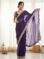 Elegant Purple Organza Satin Silk Saree With Fine Floral Zari & Thread Embroidered Border Work