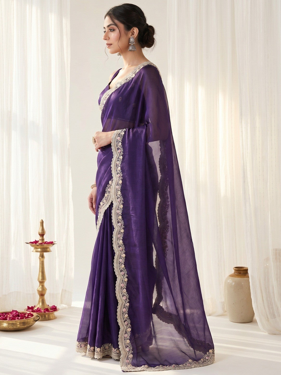 Elegant Purple Organza Satin Silk Saree With Fine Floral Zari & Thread Embroidered Border Work