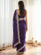 Elegant Purple Organza Satin Silk Saree With Fine Floral Zari & Thread Embroidered Border Work