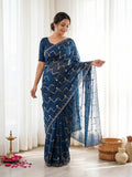 Graceful Blue Sequins With Detailed Beads & Stone Work Organza Satin Silk Saree