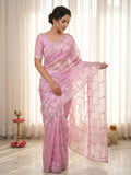 Graceful Pink Sequins With Detailed Beads & Stone Work Organza Satin Silk Saree