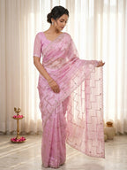 Graceful Pink Sequins With Detailed Beads & Stone Work Organza Satin Silk Saree