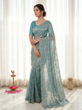 Graceful Turquoise Sequins With Detailed Beads & Stone Work Organza Satin Silk Saree