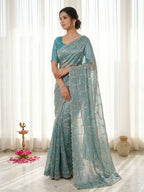 Graceful Turquoise Sequins With Detailed Beads & Stone Work Organza Satin Silk Saree