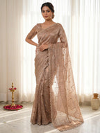 Graceful Chikoo Sequins With Detailed Beads & Stone Work Organza Satin Silk Saree