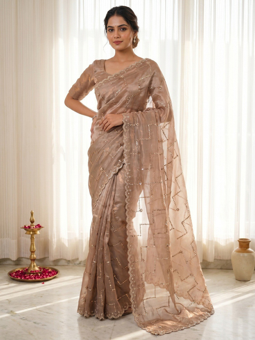 Graceful Chikoo Sequins With Detailed Beads & Stone Work Organza Satin Silk Saree