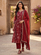 Elegant Red Floral Printed Viscose Salwar Suit Set for Women