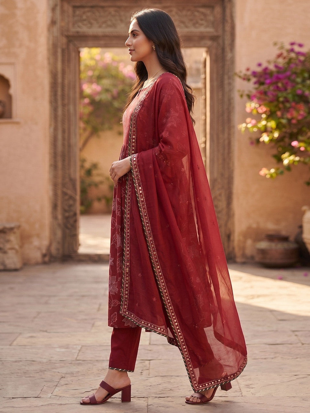 Elegant Red Floral Printed Viscose Salwar Suit Set for Women