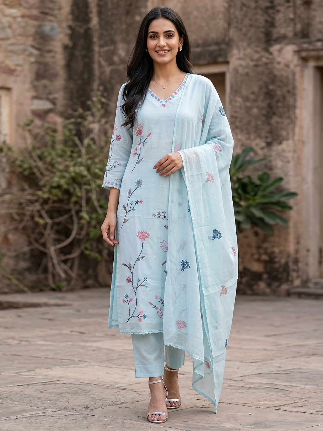 Pastel Blue Mul Cotton Salwar Suit Set with Elegant Thread Work